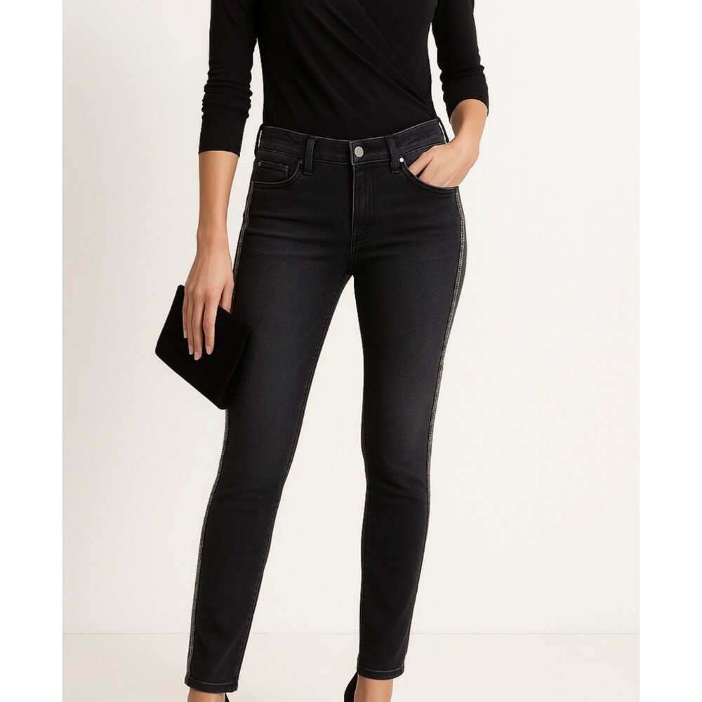 Evening Glam Ann Taylor Jeans 8 Skinny Black Sparkle Beaded Side Stripe Stretch
